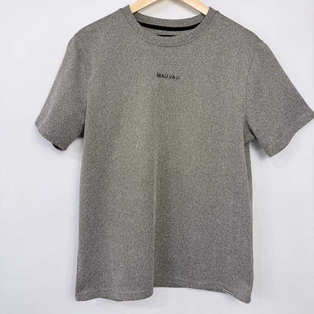 Mauvais Herringbone Spellout Short Sleeve T Shirt Mens L Brown Stretch Textured